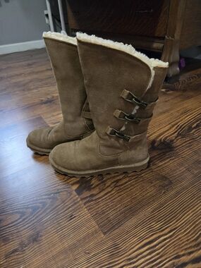 BearPaw Women’s Tan Suede Shearling-Lined Winter Boots with Buckle Accents
